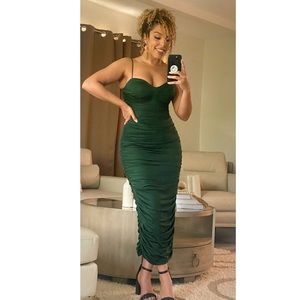 Emerald Green Ruched Bodycon Spaghetti Strap Backless Maxi Pencil Formal Dress